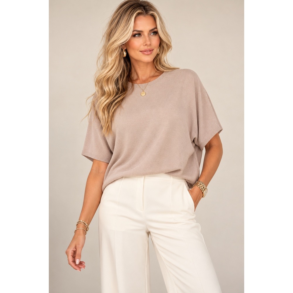 Quince Women's Size L Lightweight Cotton Cashmere Short Sleeve Sweater Top Taupe